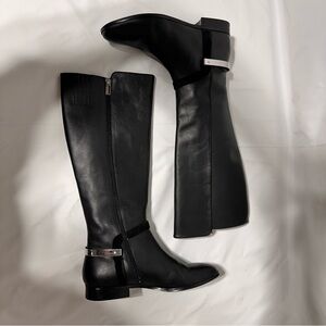 Calvin Klein Sleek Black Equestrian Riding Boots with Chrome Spur Heelbands sz 9